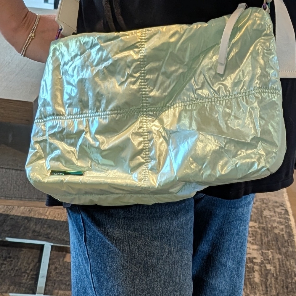 Marc Cain light green shimmery crossbody bag with white interior